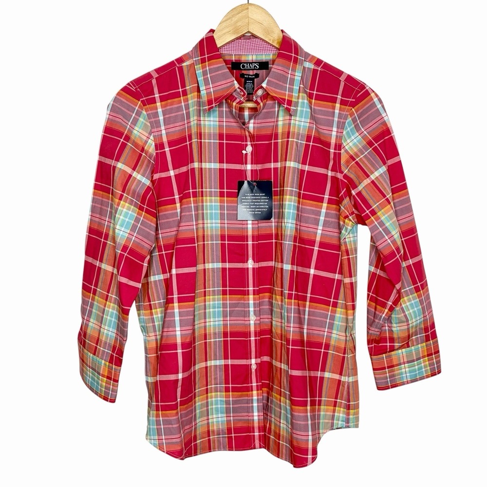 Chaps No Iron Plaid Shirt Women Size M 3/4 Sleeve Button Up Heritage Preppy